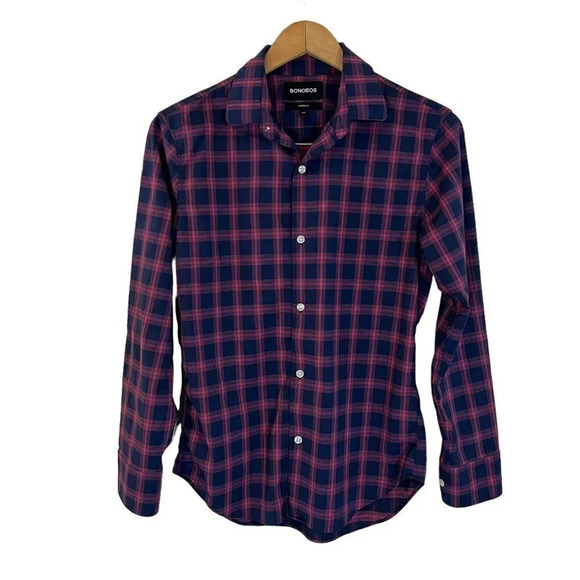 Bonobos Mens Button Up Plaid Shirt Size Small Short Tailored Fit Navy Pink Thin - Picture 1 of 4